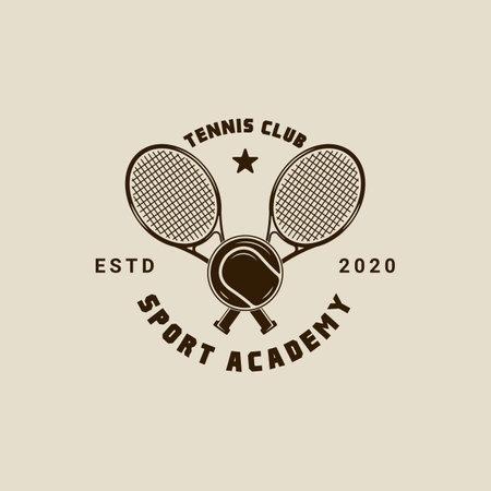 Crossed tennis rackets logo vintage vector illustration template icon graphic design. sport sign or symbol with ball for club or tournament typography retro style conceptのイラスト素材