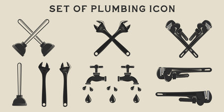 set of isolated plumbing icon vector illustration template graphic design. bundle collection of various industrial professional plumber with vintage conceptのイラスト素材