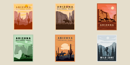set of arizona or wildlife poster vector vintage minimalist illustration template graphic design. bundle collection of various landmark or destination vacation banner and decoration travel businessのイラスト素材