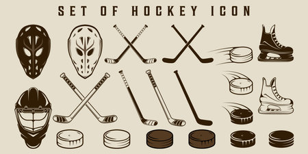 set of hockey ice icon vector vintage illustration template graphic design. bundle collection of various winter sport equipment or tool for sign or symbolのイラスト素材