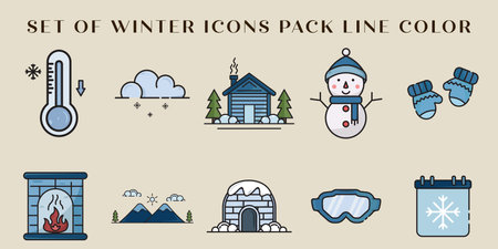 set of isolated winter icons pack line color vector illustration template graphic design. bundle collection of various season of snow celebration sign and symbol for travel or nature conceptのイラスト素材