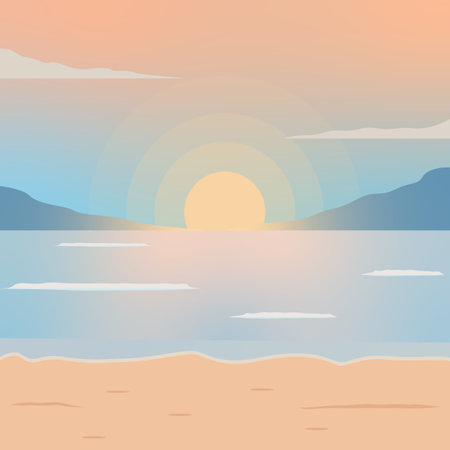 beach or island landscaped vector illustration template graphic design . sea and nature sunset view sign or symbol for adventure and wanderlust travel businessのイラスト素材