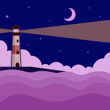 lighthouse at ocean landscaped vector illustration template graphic design . building at sea and nature night view sign or symbol for adventure and wanderlust travel businessのイラスト素材