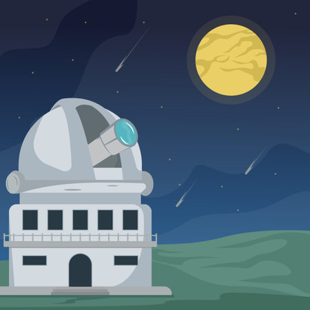Space observatory landscaped vector illustration graphic design , astronomical building in nature view with full moon and meteor concept for science idea knowledgeのイラスト素材