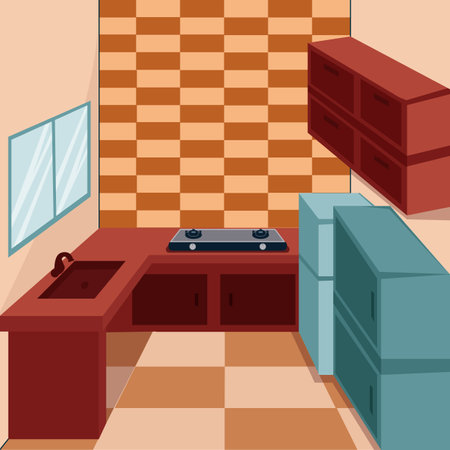 kitchen room interior vector illustration template graphic design . furniture 2d simple cartoon for decoration concept on backgrounds in flat styleのイラスト素材