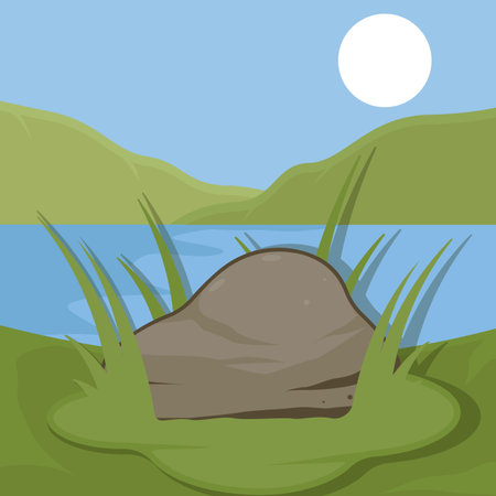 rock at nature landscaped vector illustration template graphic design . lake and hill sign or symbol for evergreen field cartoon conceptのイラスト素材