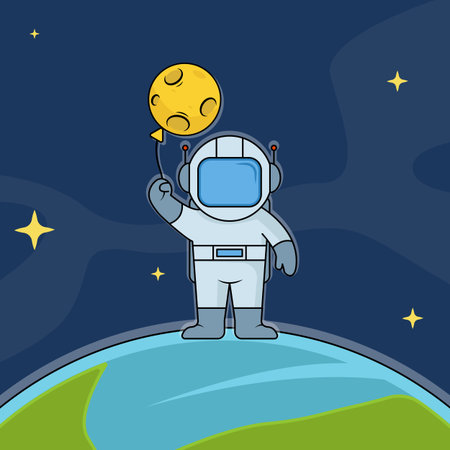 astronaut at earth holding a moon balloon vector illustration template graphic design . outer space exploration with stars for astronomy and science technology idea with backgroundのイラスト素材