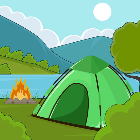 camping scene with a green tent landscaped vector illustration graphic design . Campfire Mountain Lake Outdoor Adventure Nature Camp for holiday or recreation concept with cartoon styleのイラスト素材