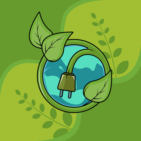 Electrical Plug with Earth and Leaves vector illustration template graphic design . Green Energy and Sustainable Power for ecology idea with backgrounds in flat styleのイラスト素材