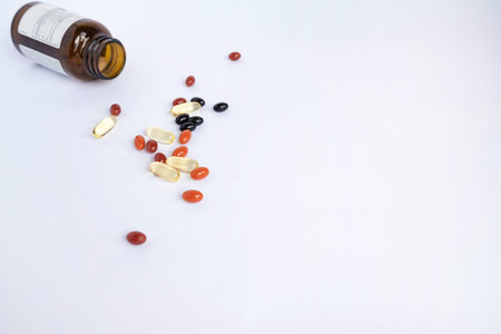 medicine pills on white background with copy space for text.