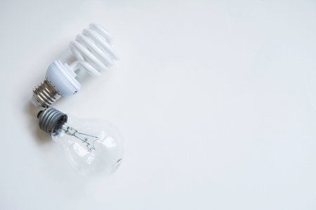 Energy saving light bulb and incandescent lamp on white background.