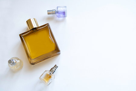 Perfume bottle on white background with copy space for text.の写真素材