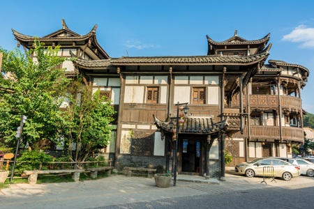 Traditional Chinese old buildings and vegetable gardens at Hakka Village in Shenzhen, Chinaのeditorial素材