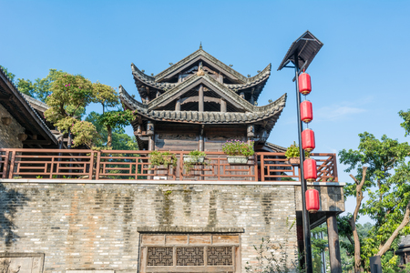 Ancient Chinese castle with red lantern hanging at Hakka Village in Shenzhen, Chinaのeditorial素材
