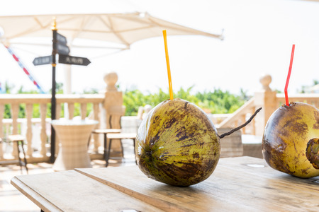 Two coconuts with strawsの写真素材