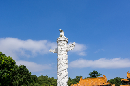 Ancient chinese marble pillar with dragon carvings in Huabiao, Chinaの写真素材