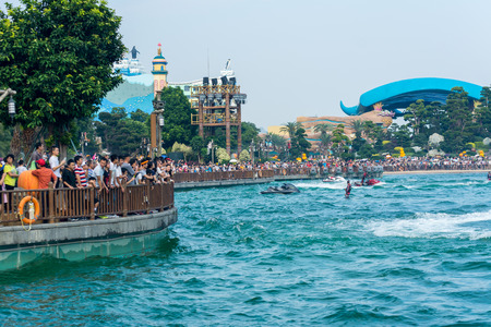 Crowds looking at water performancesのeditorial素材