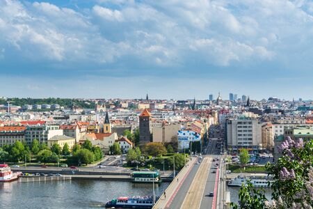 Aerial view of citycape of old town of Prague, with a lot of  rooftops, the Maines Bridge and the landmarks. view from the Letna park.のeditorial素材