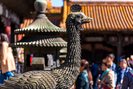 Bronze statue of phoenix in front of Yukun Palace, one of the Six Western Palaces, in the Forbidden City.the main buildings of the former royal palace of Ming dynasty and Qing dynasty in Beijing China.のeditorial素材