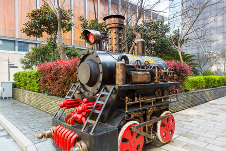 An old train engine in the Old Bund in Ningbo, It was the site of the Port of Ningbo, the result of...