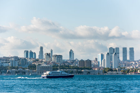 A cruise ship crossing the Bosphorus Strait of Istanbul of Turkey, part of the continental boundary between Europe and Asia,のeditorial素材