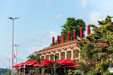 Beautiful restaurants  under sunset at the  at Uskudar, Istanbul, Turkey, on the Anatolian shore of the Bosphorus.のeditorial素材
