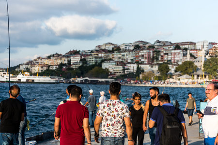 People walking at the Corniche park at Uskudar, Istanbul, Turkey, on the Anatolian shore of the Bosphorus.のeditorial素材