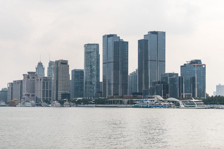 Modern skylines at the bank of Huangpu River, the bund of Shanghai, view from Pudong.