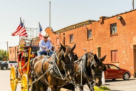 Horse carriage with two horses with USA national flag in the Fort Worth Stockyards, a historic district that is located in Fort Worth, Texas, USA.のeditorial素材
