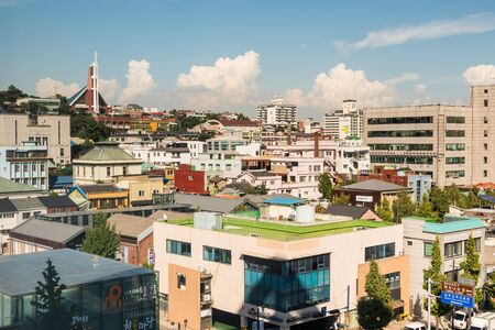 Aerial view of Inchoen port with rootops of traditional Korean houses and buldings near the Jayu Park (Park of Freedom) and China Town in South Korea.のeditorial素材