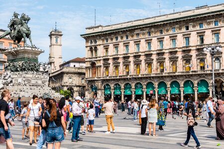 The main square in front of the Duomo with equestrian statue of Victor Emmanuel II in Milan, King of Sardinia from 1849 until 17 March 1861 and  became the first king of a united Italy.のeditorial素材