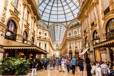 Interiors of the Galleria Vittorio Emanuele II, Italy's oldest active shopping mall and a major...