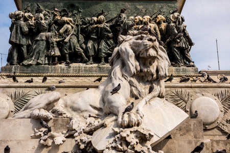 Lion sculpture, part of equestrian statue of Victor Emmanuel II in Milan, King of Sardinia from 1849 until 17 March 1861 and  became the first king of a united Italy.のeditorial素材