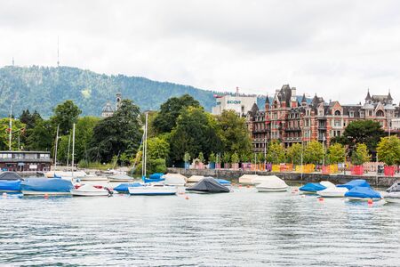 Beautiful historic buildings on the lakeshore of Lake of Zurich, Switzerland.のeditorial素材