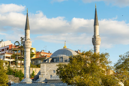 Beautiful buildings with Semsi Pasa Mosque Complex under sunset at the  at Uskudar, Istanbul, Turkey, on the Anatolian shore of the Bosphorus.の写真素材