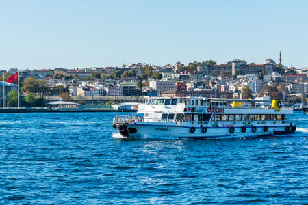 A cruise ship crossing the Bosphorus Strait of Istanbul of Turkey, part of the continental boundary between Europe and Asia,のeditorial素材