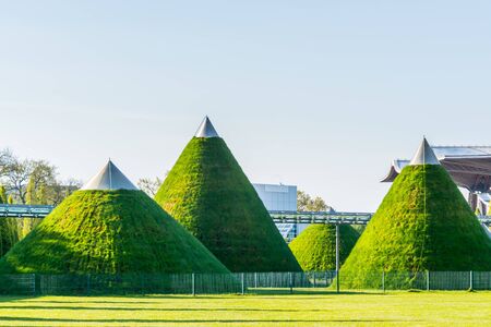 Green domes inside of the exhibition fairground, Hannover, Germany.のeditorial素材