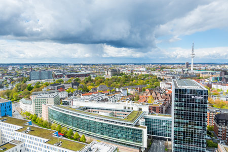 Aerial view of downtown of  Hamburg, Germany, view from the clock tower of Church of St. Michael. A...
