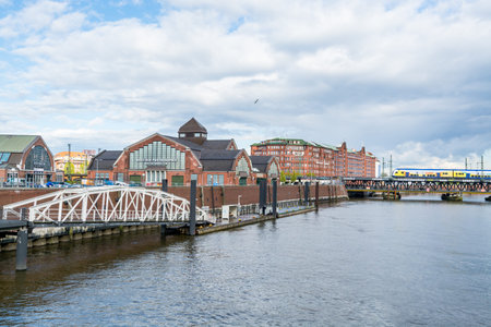Beautiful houses and buildings on the banks of Elbe river in Hamburg, Germany.