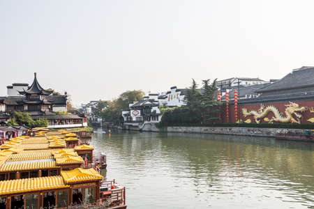 View From Wende Bridge, Chinese traditional buildings near the Confucius Temple Scenic Area at Qinhuai River, Nanjing, Chinaのeditorial素材