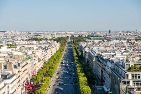 Aerial view of the old town of Paris, from the top of the Arc de Triomphe at the Champs-Elysees Avenue in Paris, Franceのeditorial素材