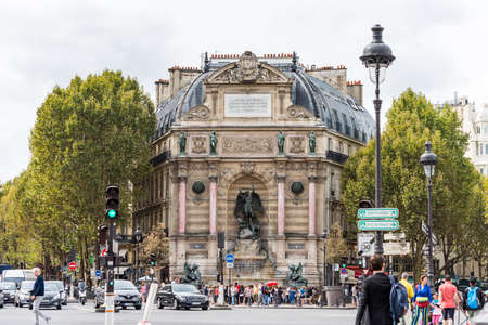 Fontaine Saint-Michel,  by the architect Gabriel Davioud, a monumental fountain located in Place Saint-Michel in the 6th arrondissement in Paris, France.のeditorial素材