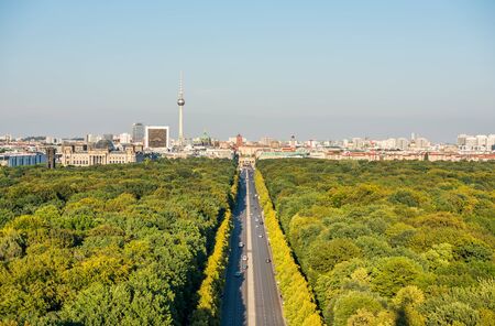 Panoramic city view of Berlin, viewfrom the top of the Berlin Victory Column in Tiergarten, Berlin, with modern skylines and green forest.の写真素材