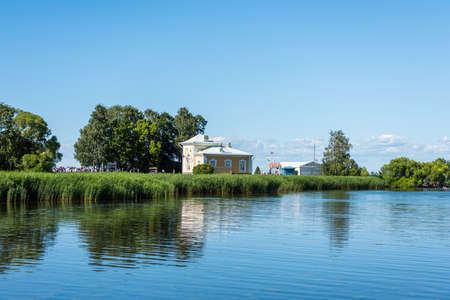 Beautiful buildings at the seaside located at the Peterhof gardens, the summer palce of the Peter the great in Saint Petersburg, Russia.のeditorial素材