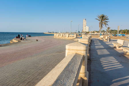 Stone road of Jeddah Corniche, 30 km coastal resort area of Jeddah city with coastal road, recreation areas, pavilions and civic sculptures in Jeddah, Saudi Arabiaのeditorial素材