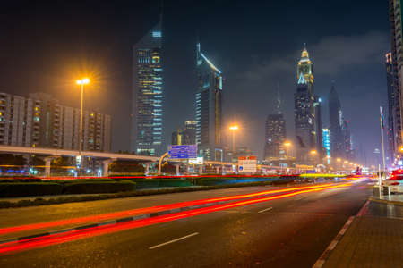 Night view of Skylines at the street in downtown of Dubai, United Arab Emiratesのeditorial素材