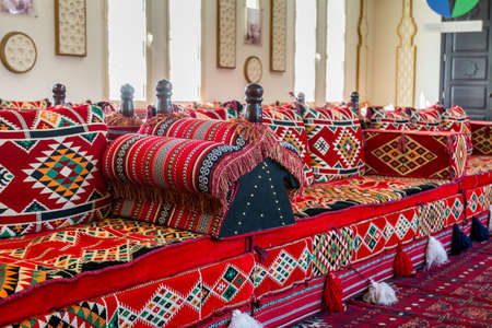 Arabic traditional sofa in Jumeirah Mosque, the only mosque in Dubai which is open to the public and dedicated to receiving non-Muslim guests.の写真素材