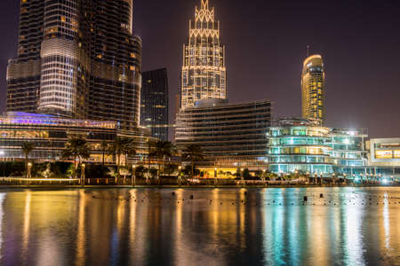Night view of the skylines near the Burj Khalifa Tower, the tallest building in the world.のeditorial素材