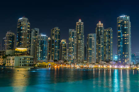 Night view of the skylines near the Burj Khalifa Tower, the tallest building in the world.のeditorial素材