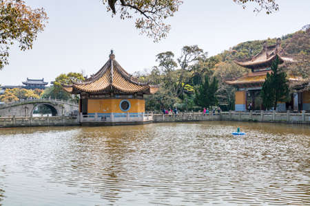 A Chinese traditional pavilion in the Temples in the Putuoshan, Zhoushan Islands, a renowned site in Chinese bodhimanda of the bodhisattva Avalokitesvara (Guanyin)のeditorial素材